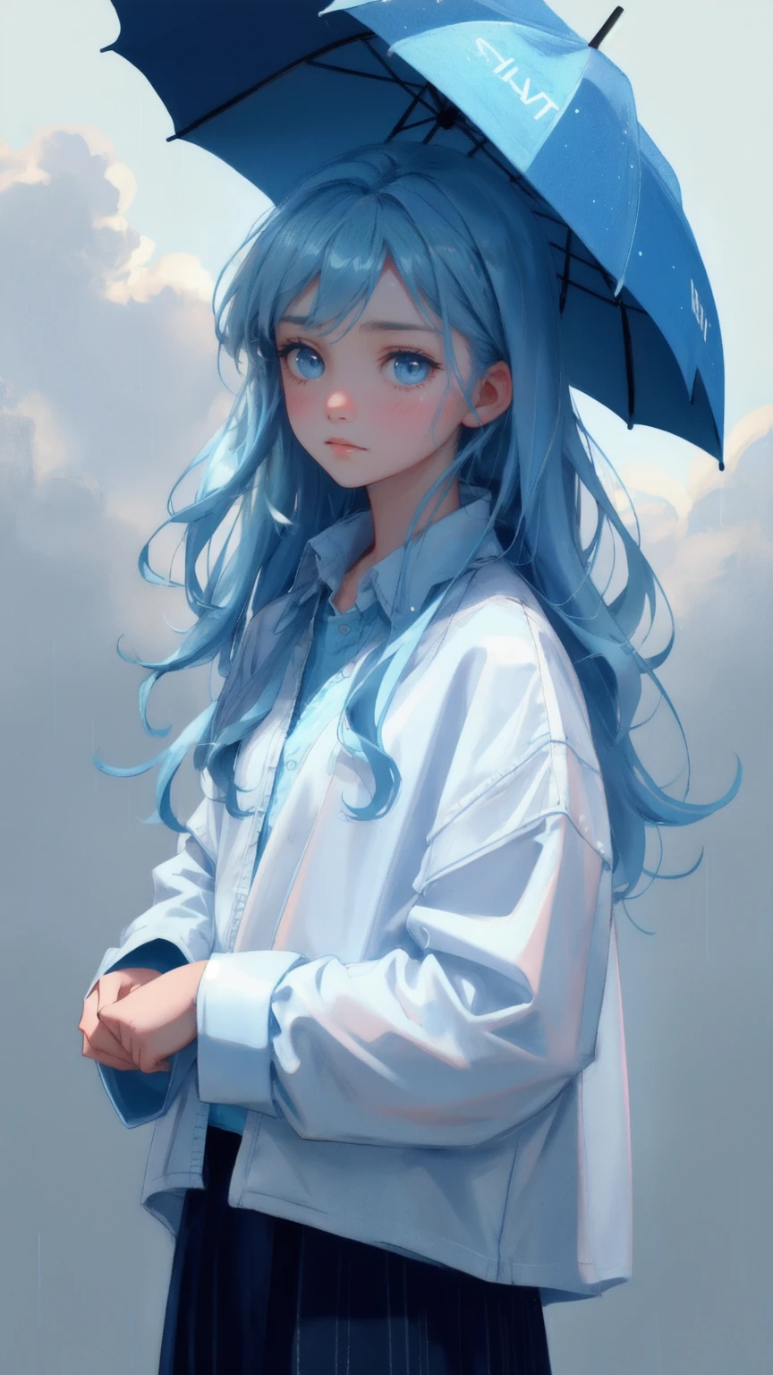 A beautiful, cute girl with a scared and lost expression, standing in the rain with a blue-toned background. The word 'Weak Hands' is written in the clouds above her, and the words 'Shakeout' are subtly imprinted on her tattered shirt. Floating around her are ghostly, fading faces with worried expressions, all in varying shades of blue, to convey the overwhelming feeling of financial anxiety.