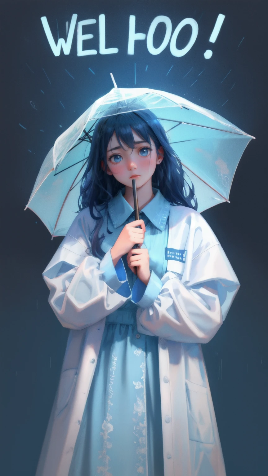 A beautiful, cute girl with a scared and lost expression, standing in the rain with a blue-toned background. The word 'Weak Hands' is written in the clouds above her, and the words 'Shakeout' are subtly imprinted on her tattered shirt. Floating around her are ghostly, fading faces with worried expressions, all in varying shades of blue, to convey the overwhelming feeling of financial anxiety.