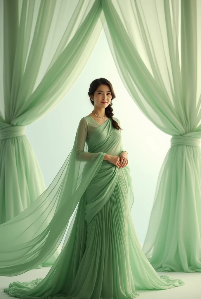 An women with medium weight standing in a wedding stage wearing full pleated green chiffon saree with a gentle smile ,with braid