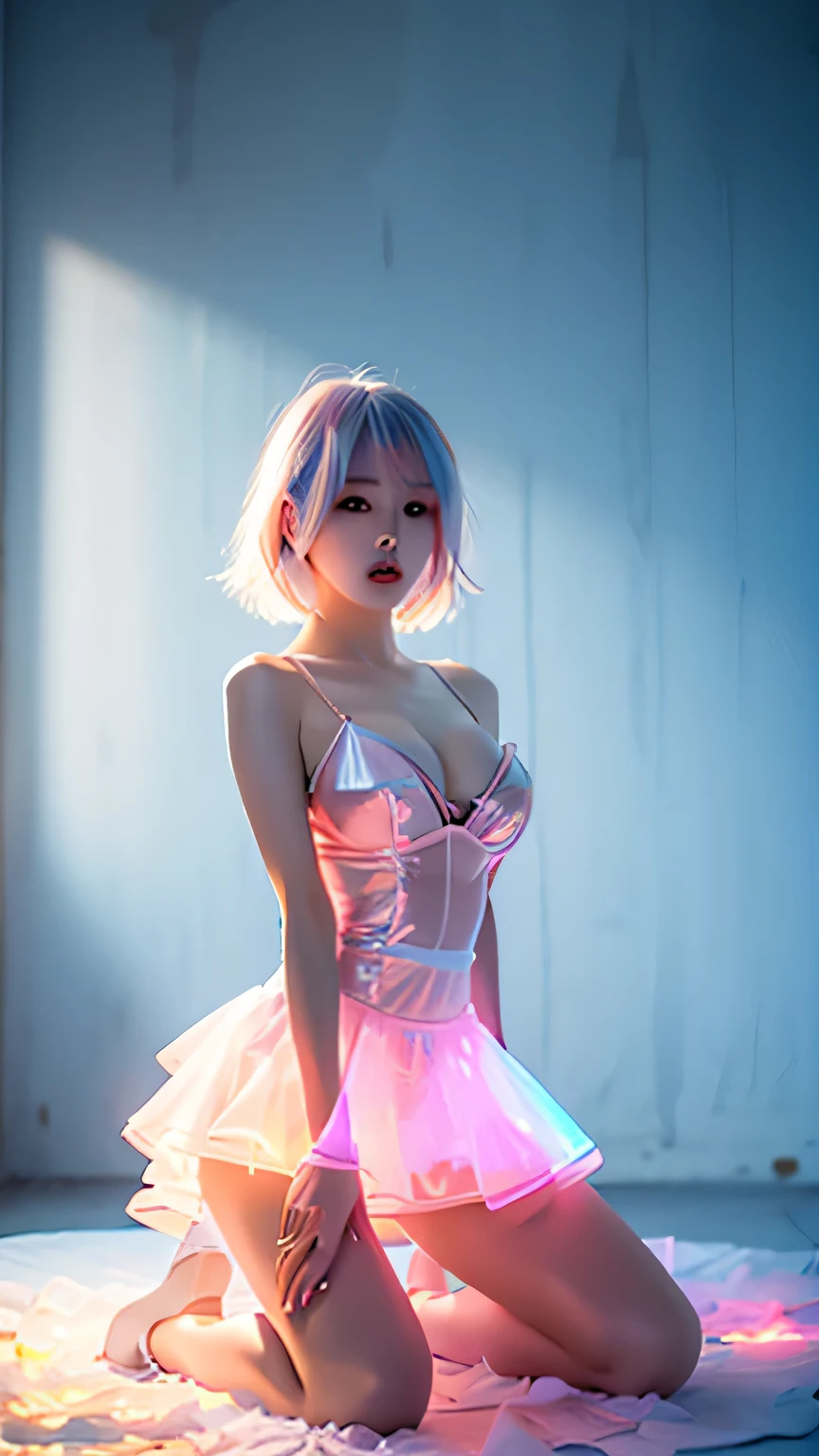 xuer hologram Laser dress, ((Hit the knee)),(masterpiece、Highest quality、High resolution),((practical)),(Colored Background),(Color Splash),cute,Light Blue and white long hair,(Light blue, Pink Hair),curl,The Shining,((Visible cracks)), ((Type I Valley)), ((E Cup)), Red and pink lips,large crack,Color Splash,Volumetric lighting,Ample breasts, Graceful posture, Sexy thin legs