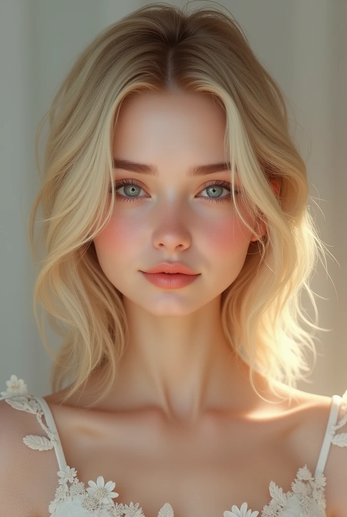 a blonde woman, cute, 2, realistic