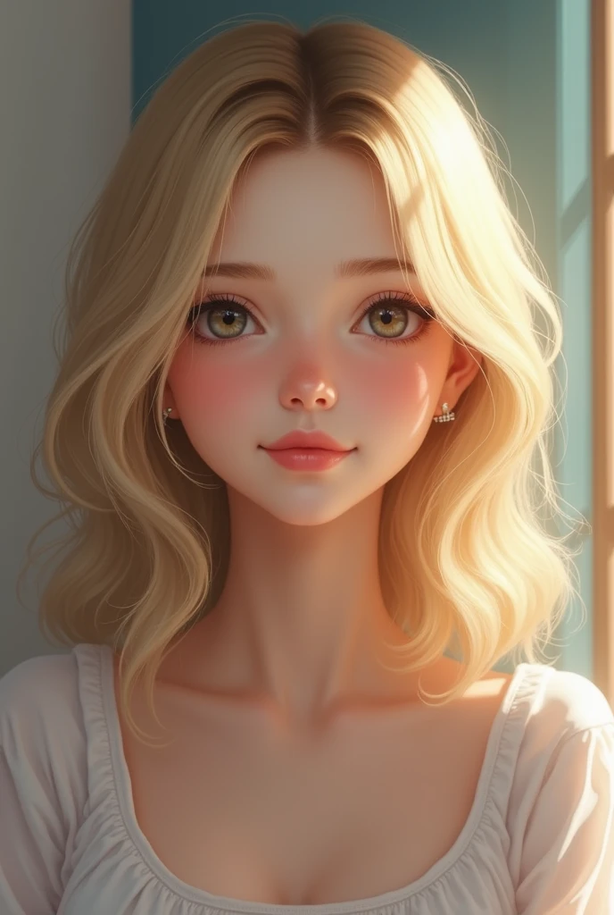 a blonde woman, cute, 2, realistic
