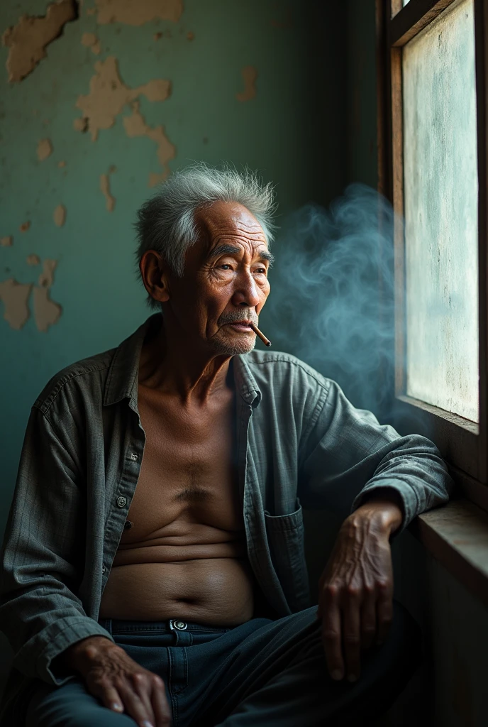 8K, masterpiece, ultra sharp focus, depth of field, ultra HD, best quality, A portrait photo of an old man, 10, slightly white hair, brown skin, sitting next to the rotten wooden window, ((the details of his facial wrinkles are clearly visible)). detailed eyes, detailed skin texture, detailed facial wrinkles. 
He is smoking and looking towards the window, wearing an open shabby checkered shirt, clearly see his skinny body, there is slightly smoke around the room, ((dramatic lighting, side windows lighting)). (((close up photo))), in a room full of peeling wall paint, make it vignette, ponder gesture, vintage color grading