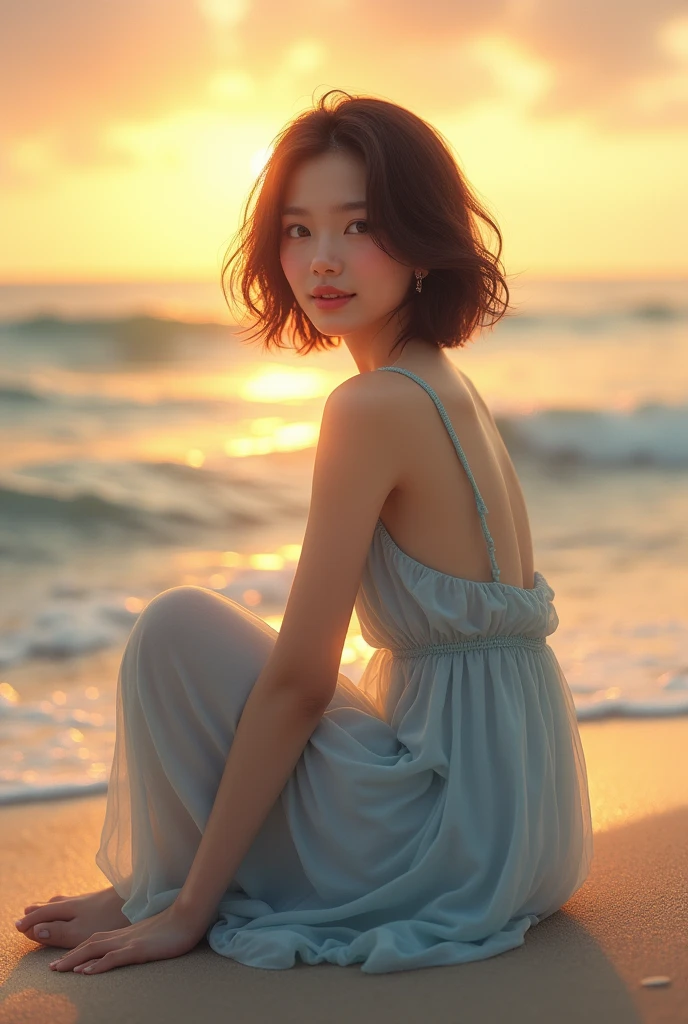 A beautiful asian girl with short brown hair and hazel green eyes, wearing a light blue dress without any shoes, sitting on the shore watching the sunset.