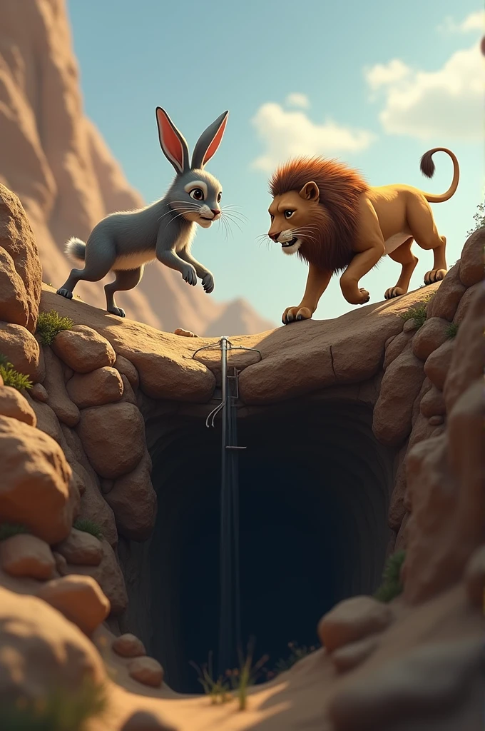 The rabbit led the lion to a very deep pit, where he had already set up a trap. As soon as the lion approached the pit, the rabbit suddenly pulled the trap, and the lion fell into the pit.