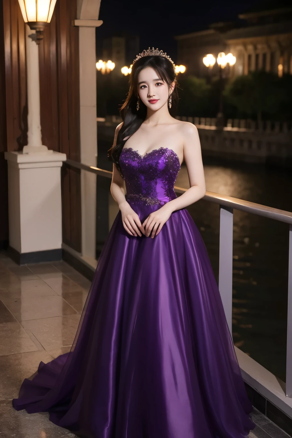 Woman in purple dress on red carpet, draped in purple, Purple Dress, Wearing a purple gown, dressed in purple, Wearing elegant dresses, wearing an evening gown, Half-turned-turn woman in evening dress, Wearing a purple strapless dress, dressed beautiful gown