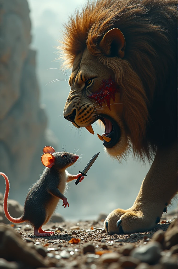 Rat with knife opposite lion with bleeding head