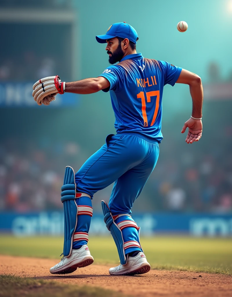 Cricket player Virat Kohli in blue jersey with INDIA written on the back and white sneakers pitching from behind，drop shadow, anaglyph, stereogram, tachi-e, ass pov, atmospheric perspective, 8k, super detail, best quality