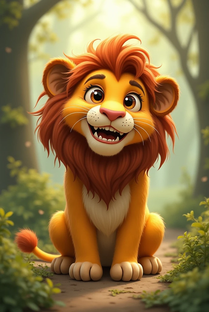 Imagine a lifelike little lion with humorous and exaggerated features, a large body size, wearing cute clothes, bright eyes and curiosity, smiling, positive image, smiling little lion, Disney style, capturing natural textures, although its little paws are slightly larger, they are even cuter. The background is a simple forest, emphasizing natural colors and some green plants to create bright colors