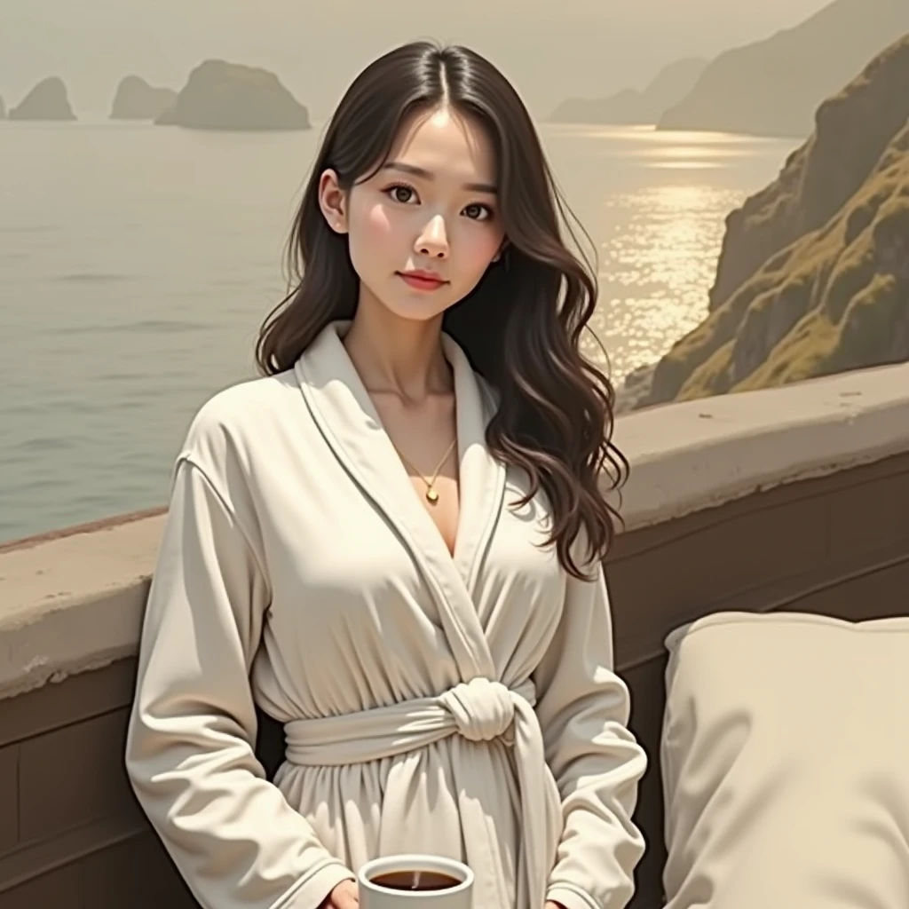 looking at the sea, coffee in front of you in the morning, dressing gown on