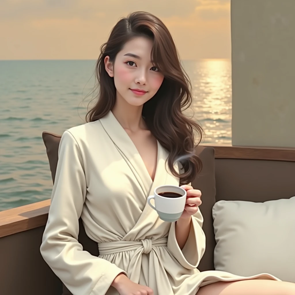 looking at the sea, coffee in front of you in the morning, dressing gown on