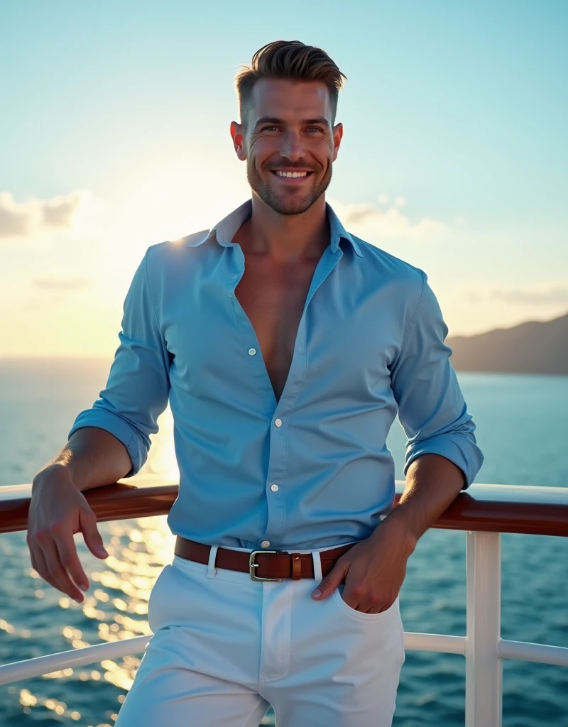 (((wide shot, full body, handsome 35 year old desirable caucasian man with distinguished features posing next to the railing on a cruise ship at sunrise))), ( stylish blue shirt, white pants, loafers), (light brown crew cut hair, cropped sides, clean shaved face, intriguing brown eyes), muscular build, tall height, seductive smile with a flirty smile, detailed depiction of facial features, perfectly symmetrical face, bright outdoor sunrise lighting masterfully accentuates his excellent features blue atmosphere