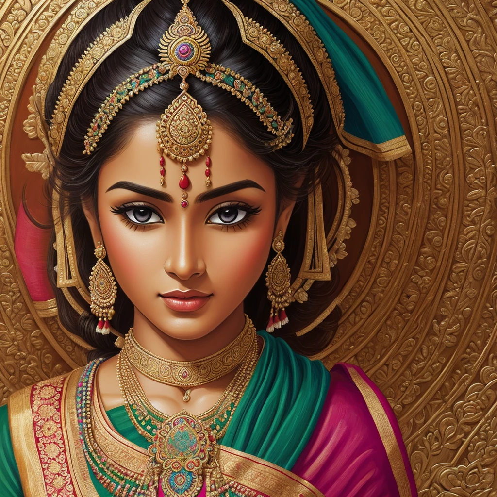 create a hyper realistic painting canvas. This portrait must contain a temple, a hindu temple of prayers, rich in detail, with a woman wearing a sari, typical indian costumes. strong colors, lives, energy. mandalas.