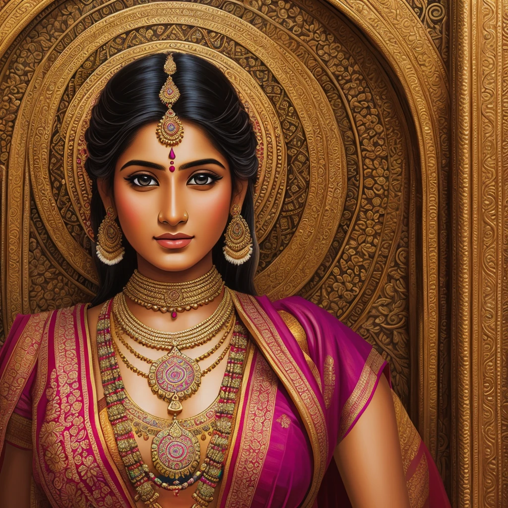 create a hyper realistic painting canvas. This portrait must contain a temple, a hindu temple of prayers, rich in detail, with a woman wearing a sari, typical indian costumes. strong colors, lives, energy. mandalas.