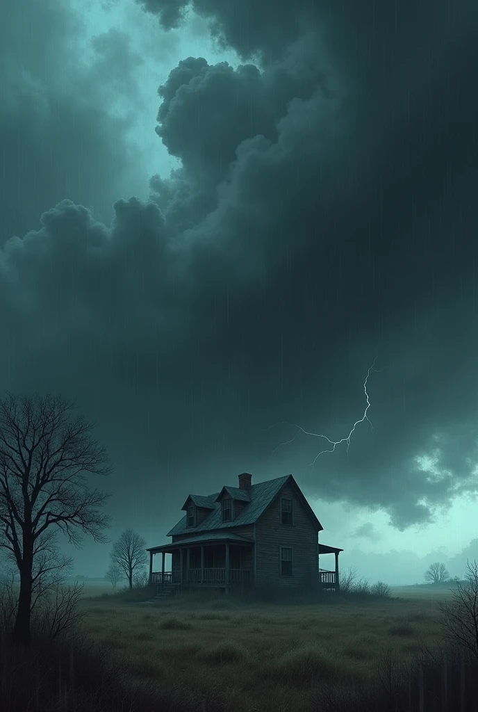 dark and cloudy sky with strong wind around a house