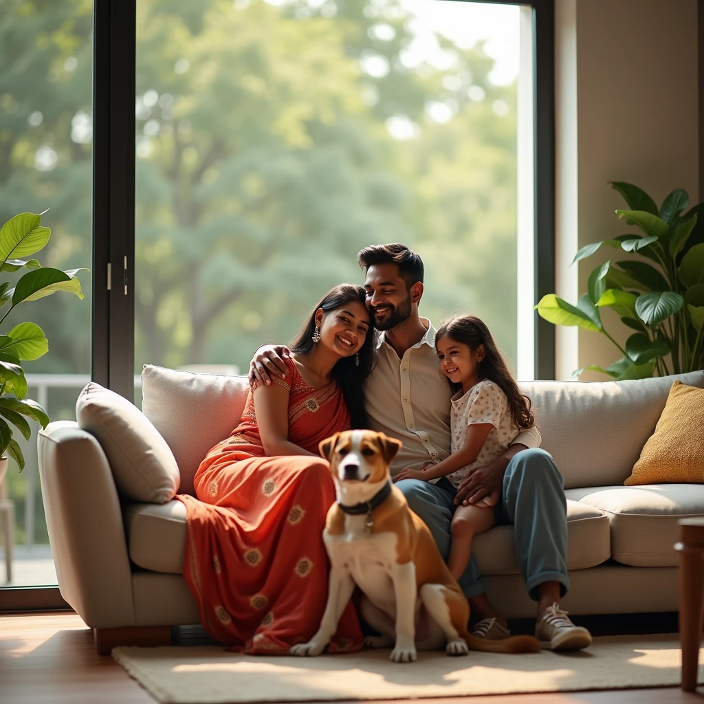 generate image of a young happy couple in their early 30's who have just moved into their new home which is designed by my interior design company. Couple is sitting on couch in their living room along with their dog and their young girl ??? standing near them. Couple is Indian couple , home interior is modern contemporary with few indoor plants. Style - Realistic image