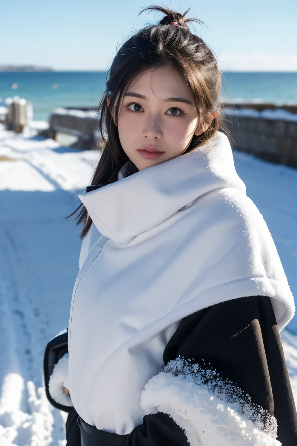 There is a story behind the eyes of passers-by in a small town,Everyone comes to this cape to leave their sadness behind,It's sunny but powdery snow is falling,A city by the sea,Beautiful woman,