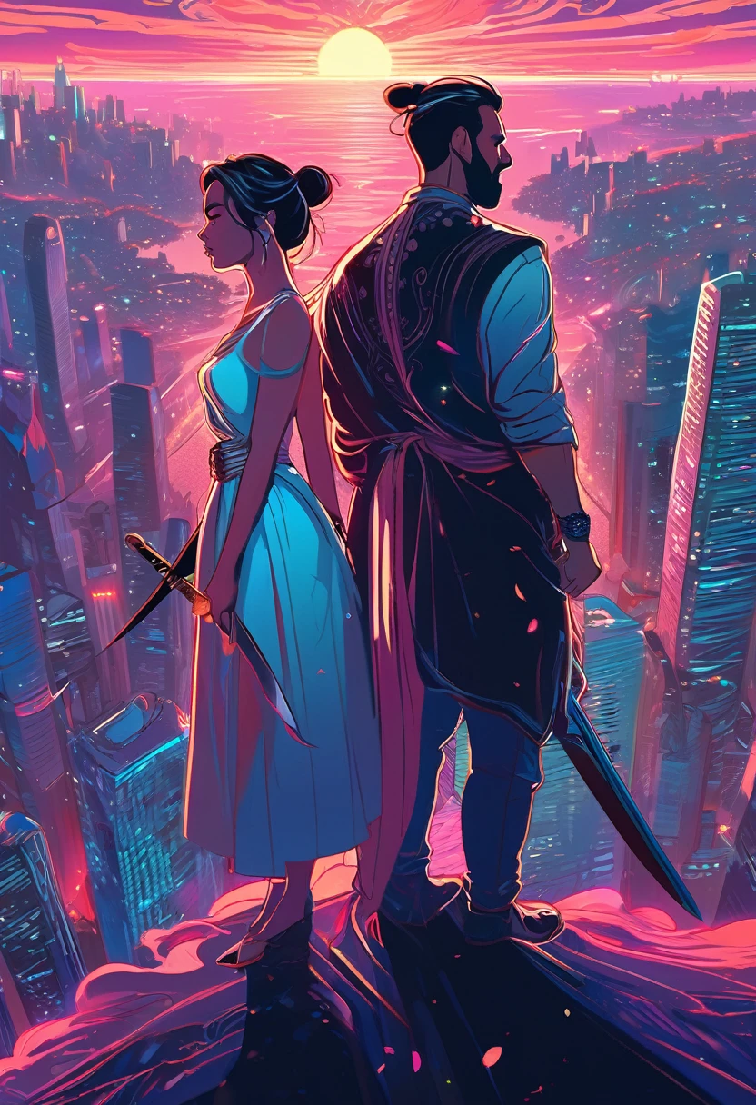 a couple of people standing next to each other in front of a city, with sword pierced the their back. martin ansin, in style of cyril rolando, in the style dan mumford artwork, wallpaper 4 k, wallpaper 4k, stylized verctor artwork, casual clothes, in style of digital illustration, romance novel cover, 4k detailed digital art, jen bartel, in style of atey ghailan