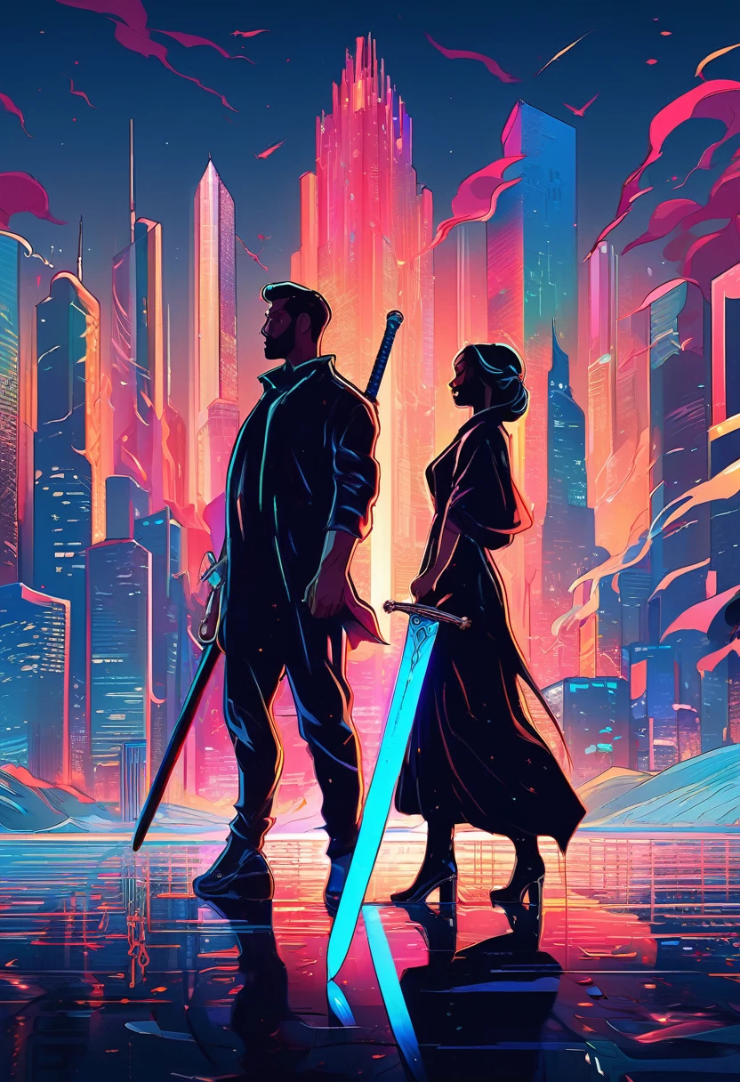 a couple of people standing next to each other in front of a city, with sword pierced the their back. martin ansin, in style of cyril rolando, in the style dan mumford artwork, wallpaper 4 k, wallpaper 4k, stylized verctor artwork, casual clothes, in style of digital illustration, romance novel cover, 4k detailed digital art, jen bartel, in style of atey ghailan