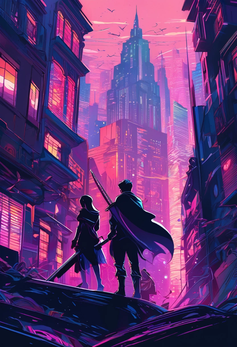 a couple of people standing next to each other in front of a city, with  sword pierced the their back. martin ansin, in style of cyril rolando, in the style dan mumford artwork, wallpaper 4 k, wallpaper 4k, stylized verctor artwork, casual clothes, in style of digital illustration, romance novel cover, 4k detailed digital art, jen bartel, in style of atey ghailan