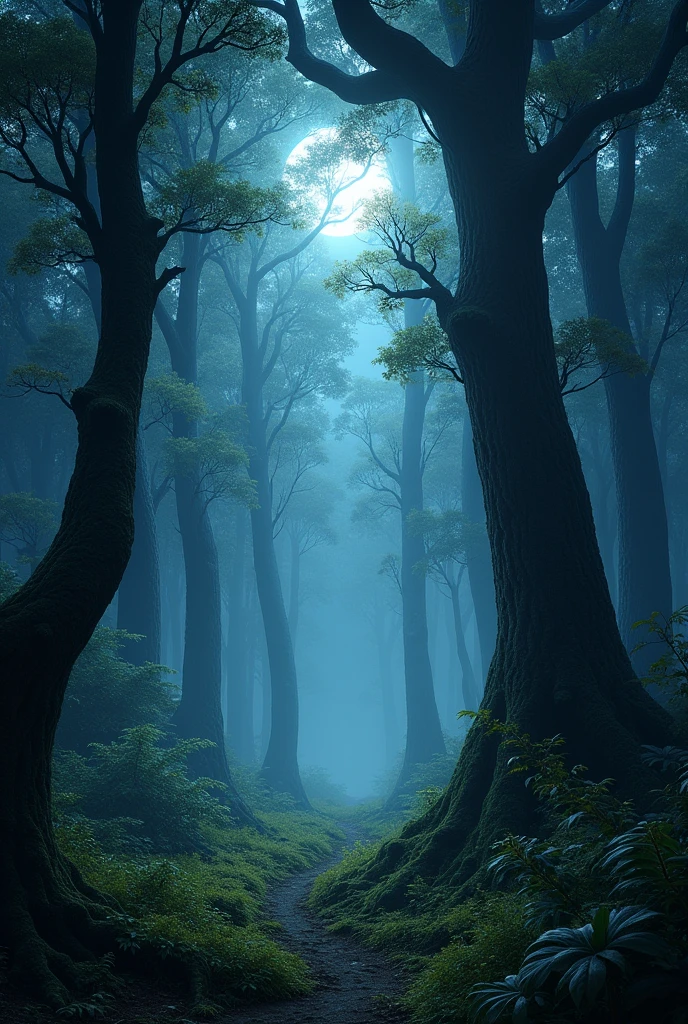 a mystical small forest at night, with tall trees and a gentle moonlight filtering through the branches