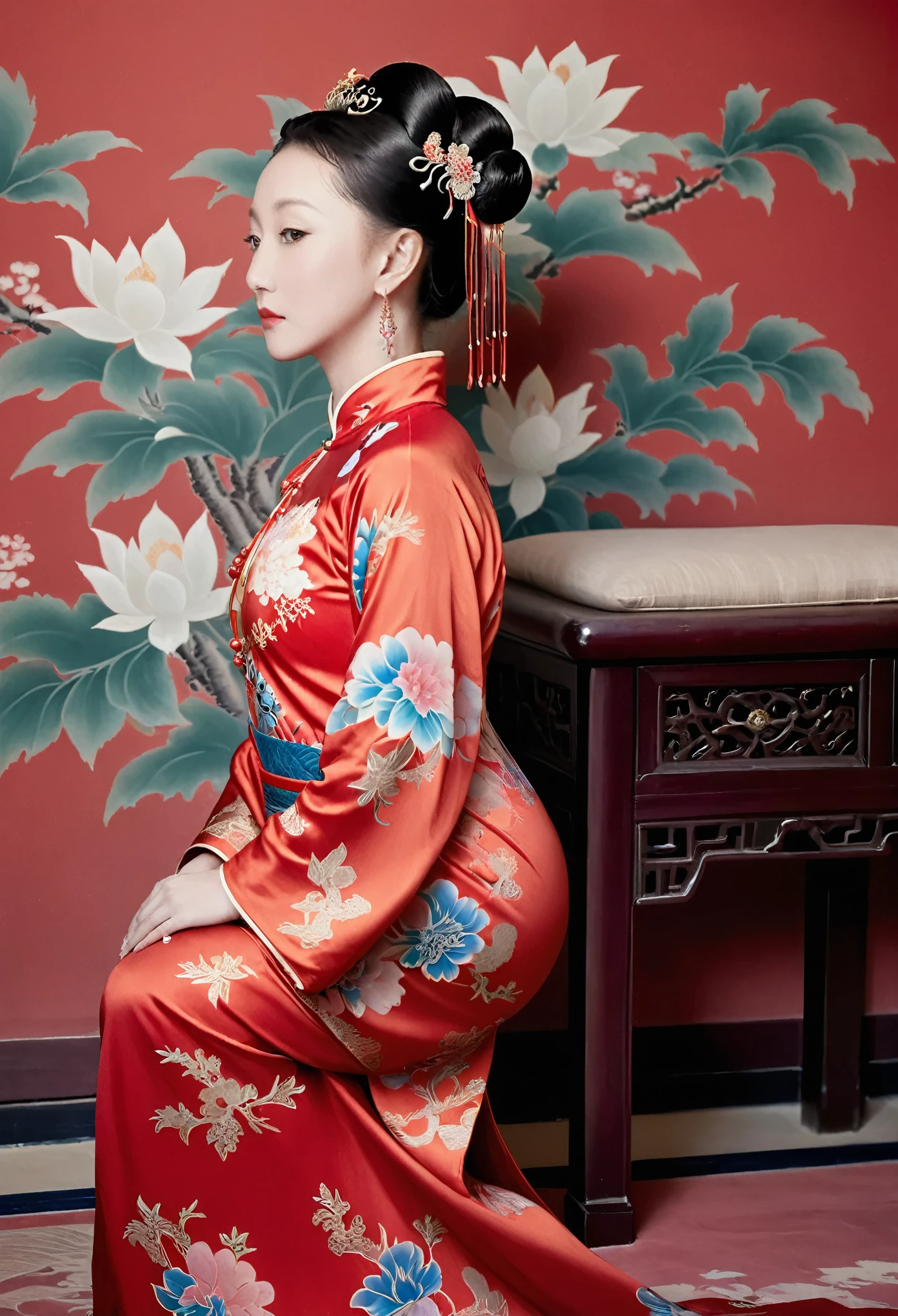 The empress of the Qing Dynasty is wearing a red floral patterned dress, completely naked, with her profile showing and her buttocks sticking out, posing in the luxurious palace of the empress of the Qing Dynasty.