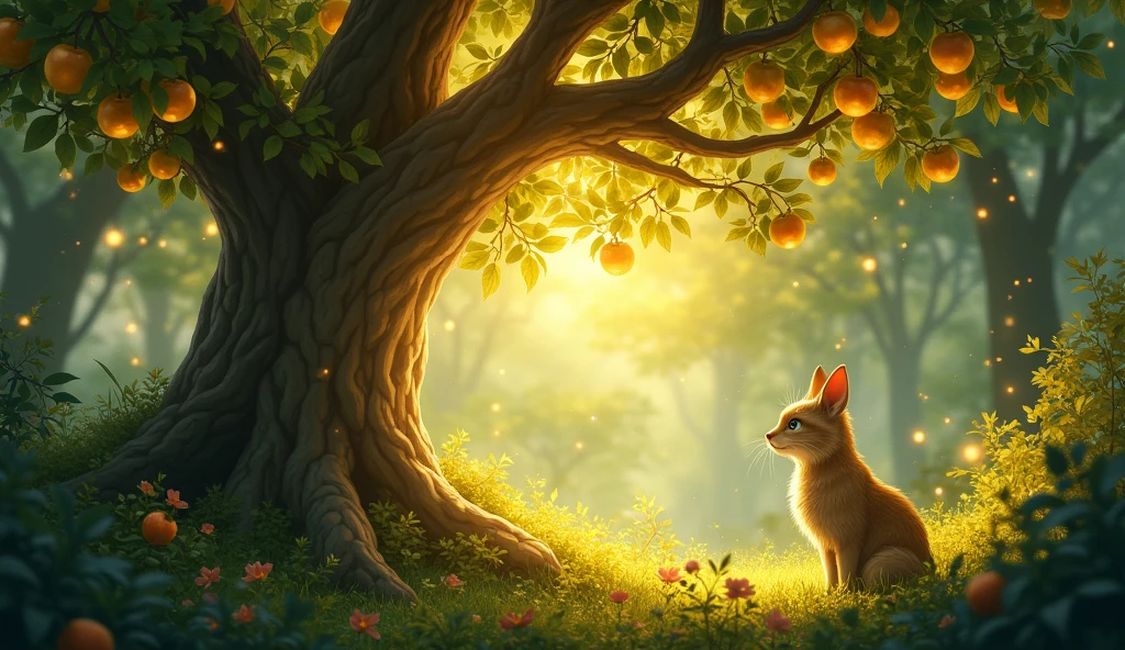 Continuing his adventure, Whiskers stumbles upon a hidden glade within the forest. The glade is bathed in golden light, with leaves that shimmer like jewels and a tree in the center bearing glowing golden apples. This moment captures the sense of wonder and beauty in the magical forest, as Whiskers marvels at the enchanting scene. The glade represents the rewards of Whiskers' curiosity, showing that exploration can lead to the discovery of truly magical places.