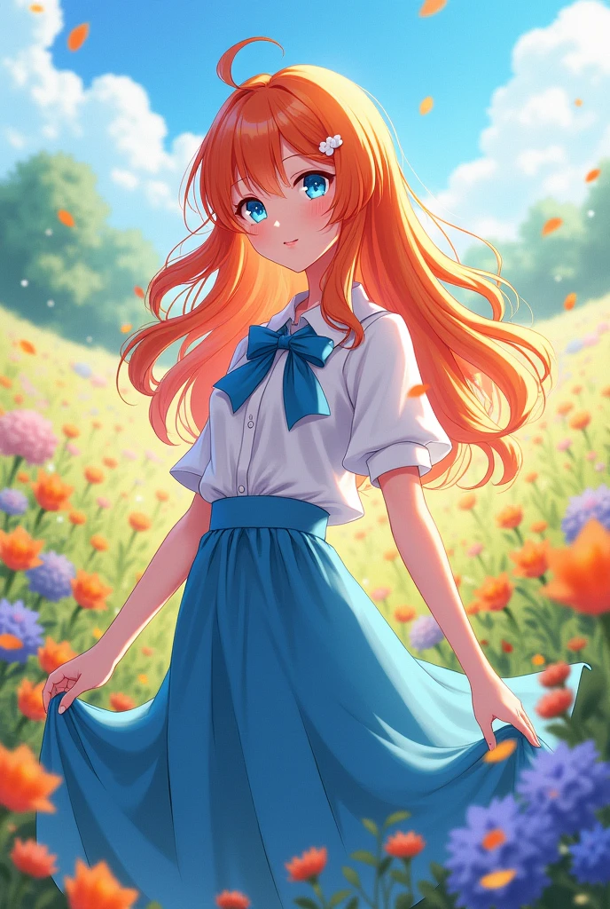 Anime girl. She has waist-length orange hair, blue eyes, and wears a white shirt with a blue bow and a blue skirt. She is standing in the middle of a flower field
