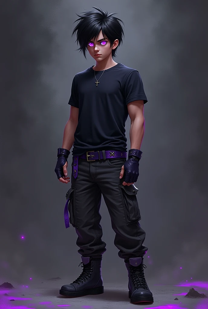 A boy with slightly long black hair, purple-eyed, robust and broad body, with black clothes with purple details Clothes: t - shirt, cargo pants, combat boots.