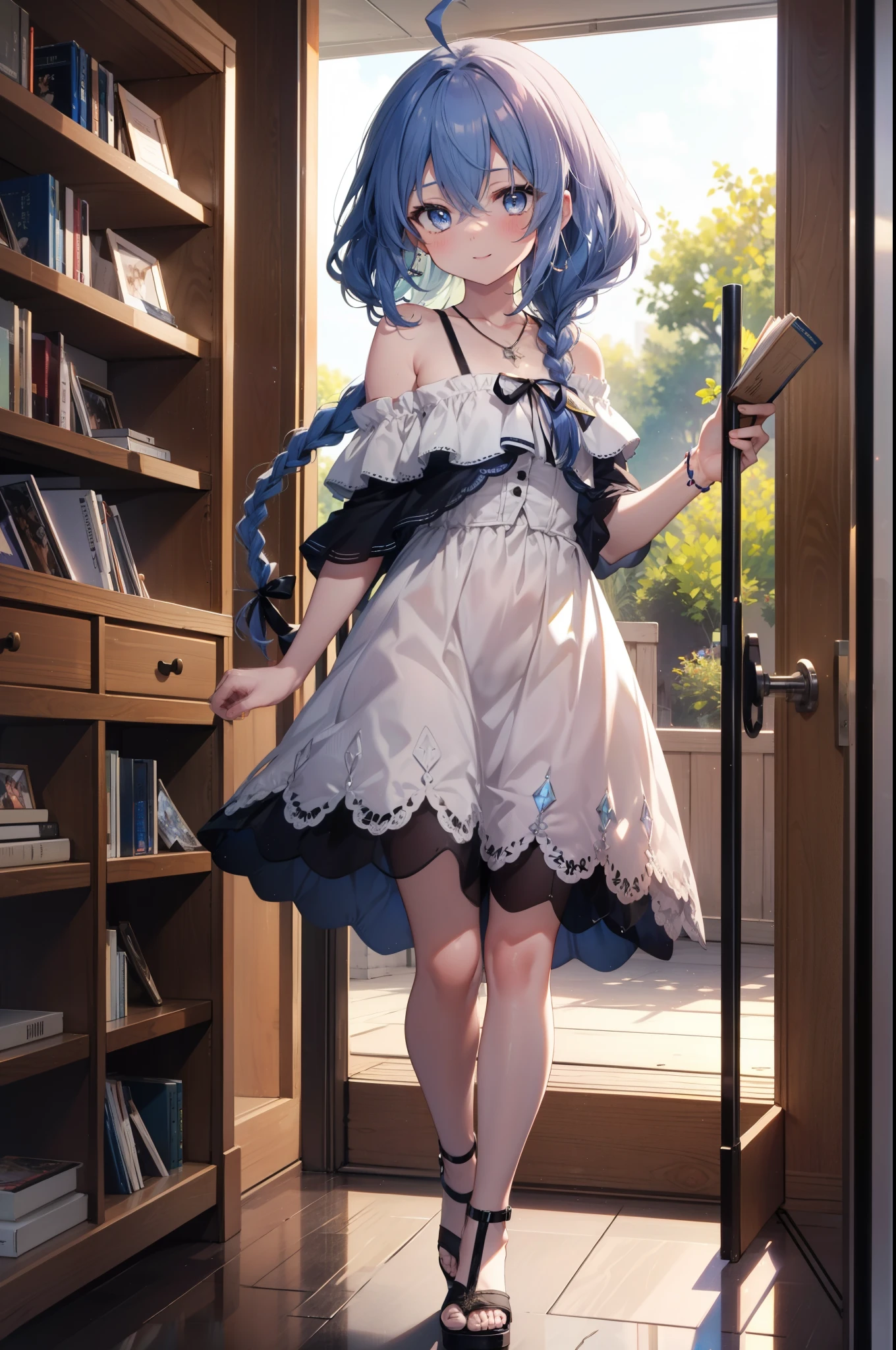 Roxymigurdia, Roxy, Ahoge, Black Ribbon, blue eyes, Blue Hair, Braiding, Hair between the eyes, Hair Ribbon, Long Hair, twin Braidings, very Long Hair, smile,blush,Open your mouth,Blue off-shoulder dress,bare clavicle,Bare neck,Bare shoulders,Rocket Pendant,Short sleeve,mini skirt,Cute heeled sandals,True Summer,Daytime,Clear skies,Walking,Bookshelf,Holding a book in both arms,whole bodyがイラストに入るように,
break looking at viewer,whole body,
break indoors,figure書館,
break (masterpiece:1.2), Highest quality, High resolution, unity 8k wallpaper, (figure:0.8), (Beautiful attention to detail:1.6), Highly detailed face, Perfect lighting, Highly detailed CG, (Perfect hands, Perfect Anatomy),