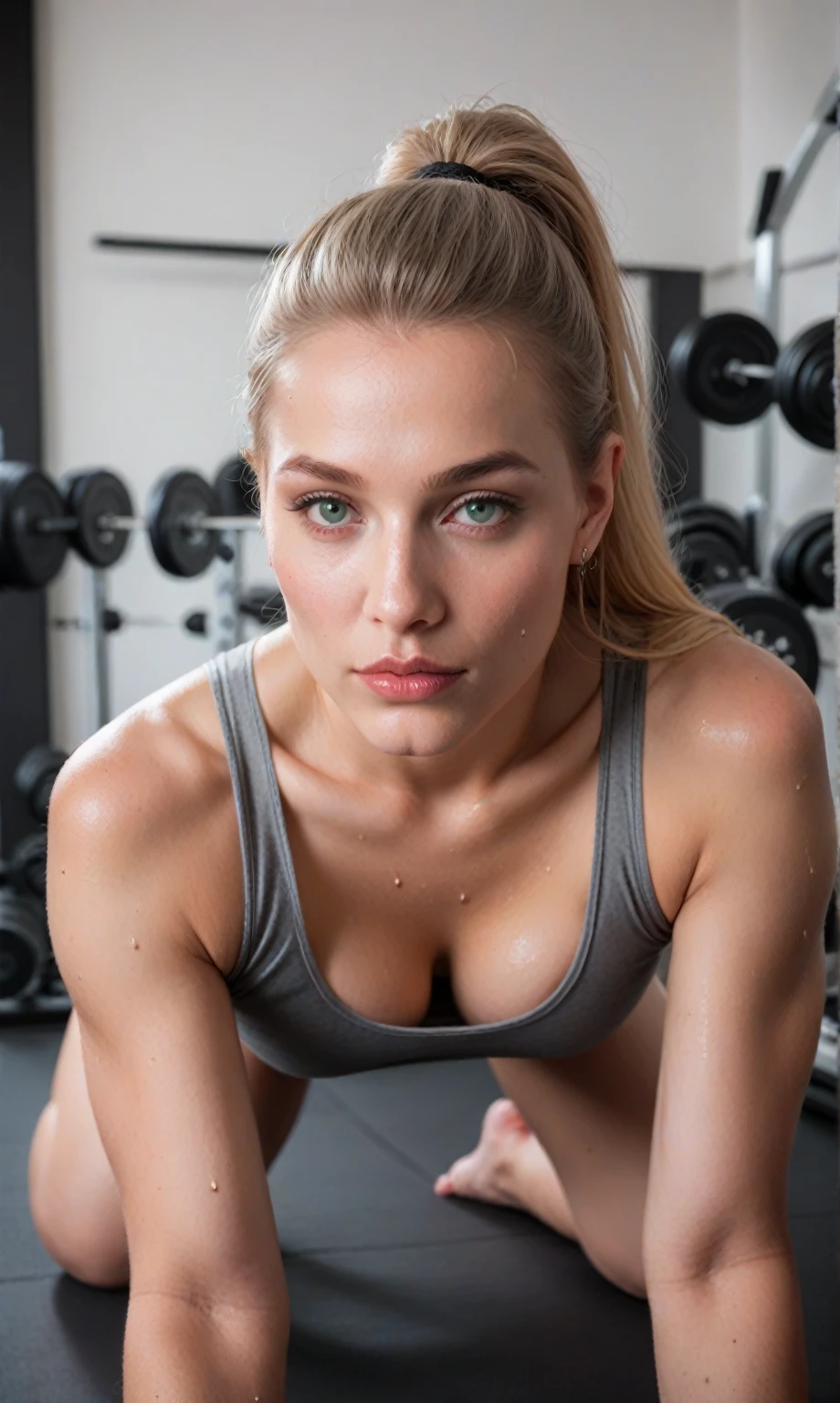 score_9, score_8_up, score_7_up, score_6_up, score_5_up, score_4_up, realistic style, photo, photorealistic, high detail, (sharp), BRAKE, front view, low angle, girl, blonde, light hair, ponytail, green eyes, curvy figure, athletic figure, gray sports top, gray sports shorts, fitness, in the gym, on all fours, doing fitness, looking at viewer, body covered in sweat