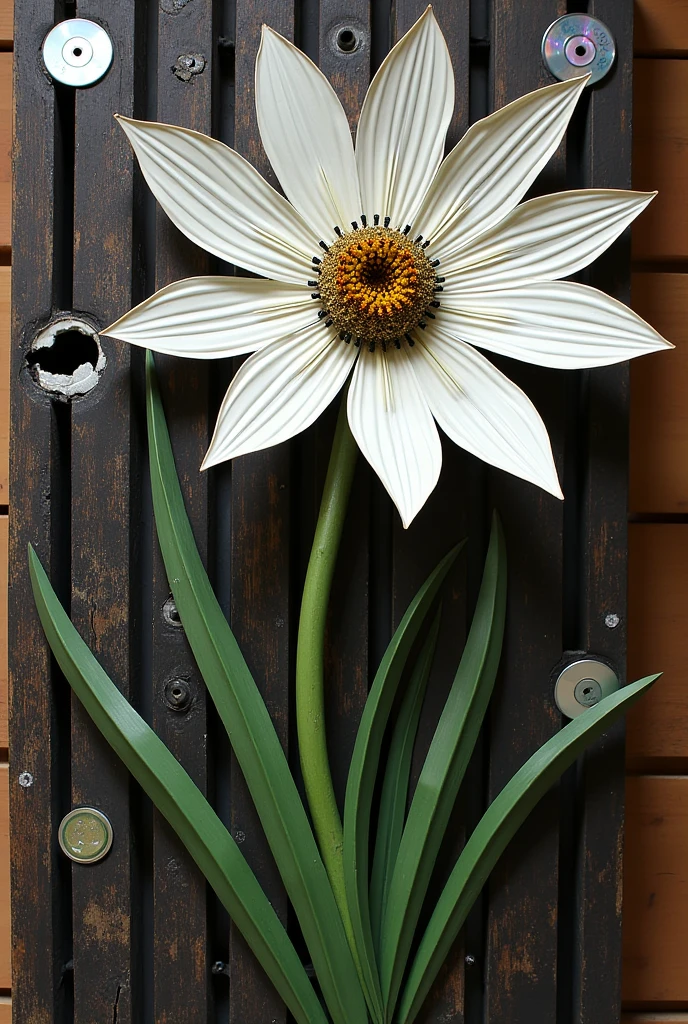 The art work is made from soda cans. It is a white Onin plant flower with 6 long, slender petals and dark-colored stamens. The background is made from car tires cut into strips and arranged on a wooden board. The interior and background are made from car tires alternating with broken CDs.