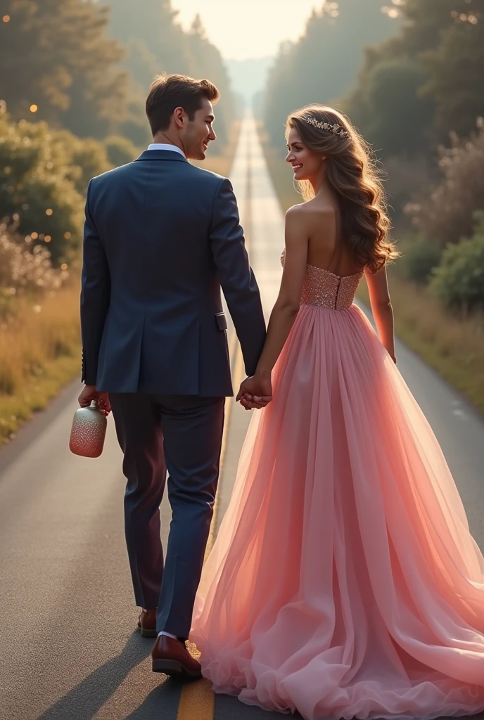 A real life beautiful woman on a beautiful long sleeve pink gown with her male partner on a navy blue attire, smiling on a long road alone holding hands together, holding a long skin care lotion bottle in one hand, smiling and happy, with a subtle background of stars or a compass, symbolizing their journey together being guided by destiny