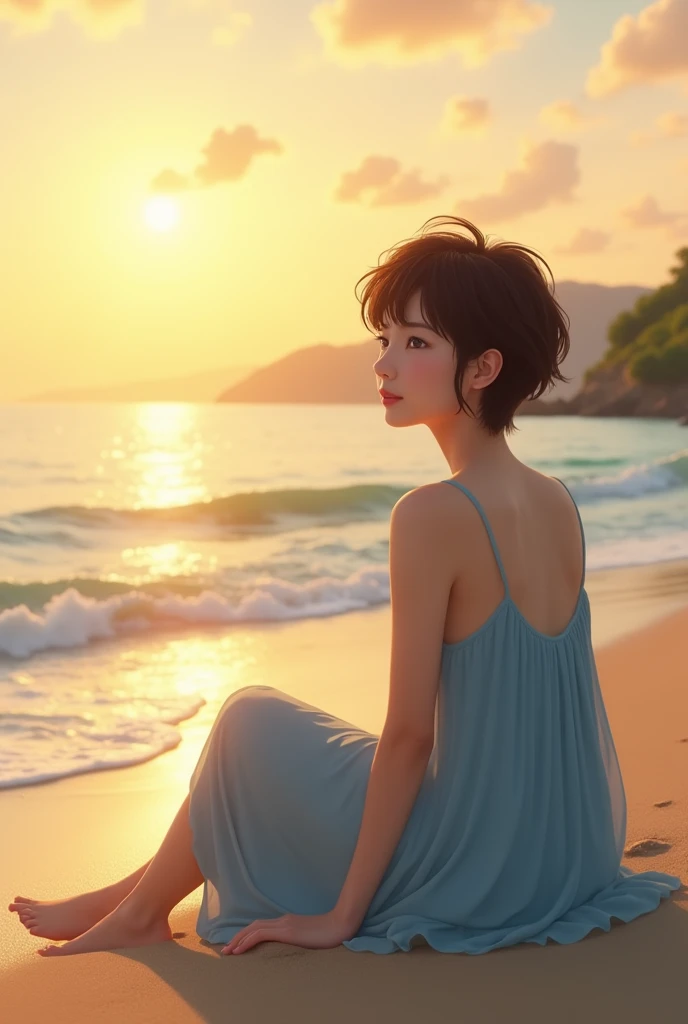 A beautiful chubby asian girl with short brown hair and hazel green eyes, wearing a light blue dress without any shoes, sitting on the shore watching the sunset.