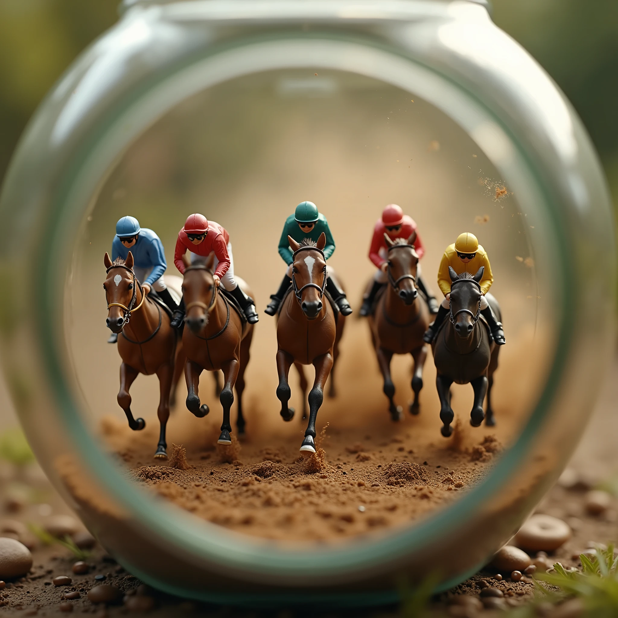 (masterpiece), (Highest quality), (Super detailed), (Ultra-high resolution), (Photorealistic:2.0),(RAW Photos:2.0), 8k, wallpaper, (glass jar:1.45), (Top view of microscopic 5 horses race at the hippodrome), (horses and jockeys are tiny), (horses and jockeys are inside the jar), (far view perspective), (From above:2.0), (horses trapped in a glass jar), (behind glass), (5 Horses and 5 jockeys racing for victory to the finish line on clay in an oval racecourse). good lighting, photorealistic: 1.37, masterpiece, best quality, raw photo, absurd resolution, UHD, high resolution, hdr, hiperrealista, 8k,(dynamic), Dust rises behind the horses.