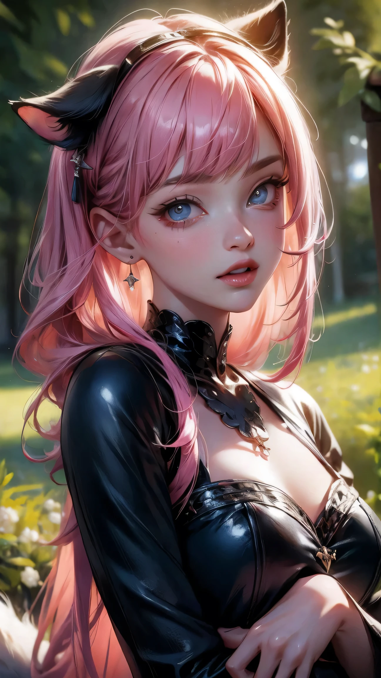 (Best Quality,4k,8k,High resolution,masterpiece:1.2),ultra detailed,(realist,photorealist,photo-realist:1.37),pretty girl,cowboy shot,pink hair,blue eyes,beautiful detailed eyes,beautiful detailed lips,extremely detailed eyes and face,long eyelashes,black cat,girl with cat,avatar,vivid colors,Soft lighting,portrait.
