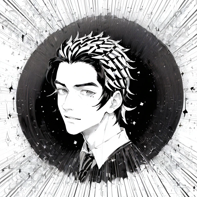 (((Black and white illustration with converging lines)))、(((Young handsome man with surprised face))),