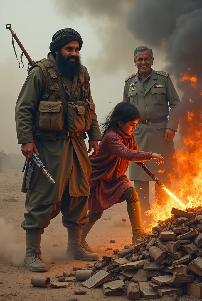 One barbaric armed Taliban is burning a pile of books from which fire and smoke is arising, an Afghan Girl is crying and trying to save the books but another barbaric Taliban is beating her with lashes, and a happy Pakistani army General is laughing while holding a cup of tea while seeing the burning books