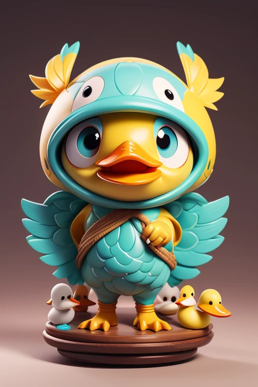 Create a picture of a little duckling monster., The image should be sharp and detailed, with beautiful colors. Exotic patterns. With arms, leg, eyes, mouth, พื้นหลังสีlegว
