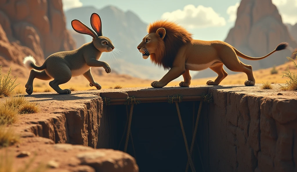 The rabbit led the lion to a very deep pit, where he had already set up a trap. As soon as the lion approached the pit, the rabbit suddenly pulled the trap, and the lion fell into the pit.