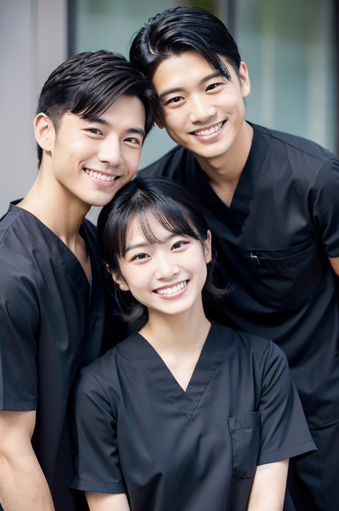 Dental hygienist, two men, smiling, wearing black solid color nurse uniform, short sleeves, Japanese, black hair, men in their early 20s Upper body close-up Shooting outside Harmony々 Navy Blue