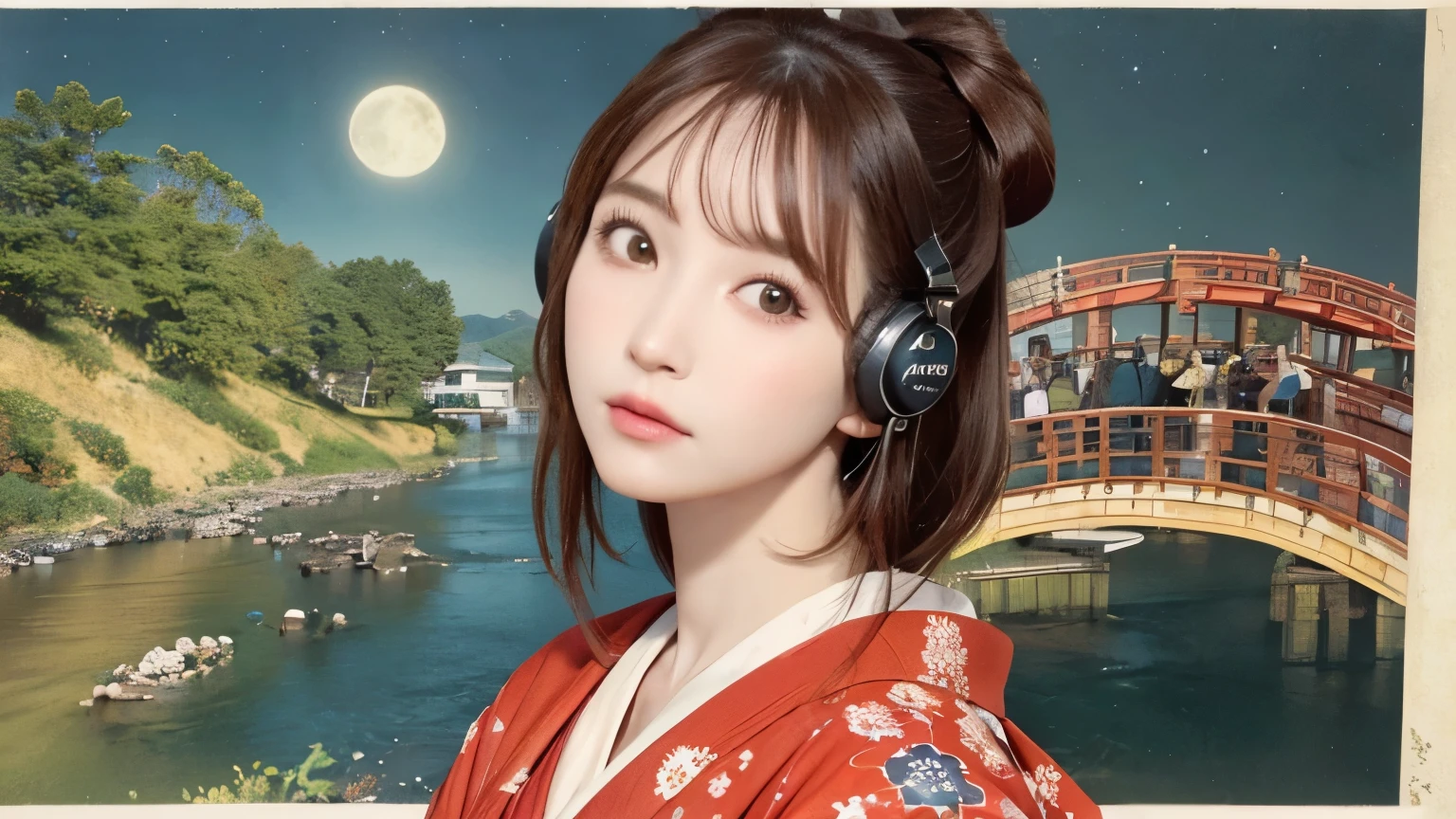(Highest quality, 8k, masterpiece, High resolution), (whole body), Vibrant colors, ((headphones)), Brown-black bob, Traditional topknot, Ample breasts, (Highly detailed face and eyes, Beautiful Face, Beautiful Eyes, Beautiful nose, Pretty lips), Official Art, Ukiyo-e style, (Beautiful woman in kimono), (Vivid floral patterned kimono), background, river, bridge, Mountain, wood, Starry Sky, moon, Detailed CG,