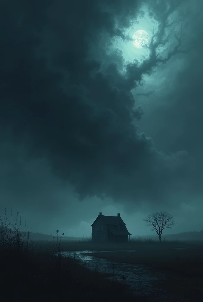 Close up of a dark and cloudy sky with strong wind above a house, nightmare