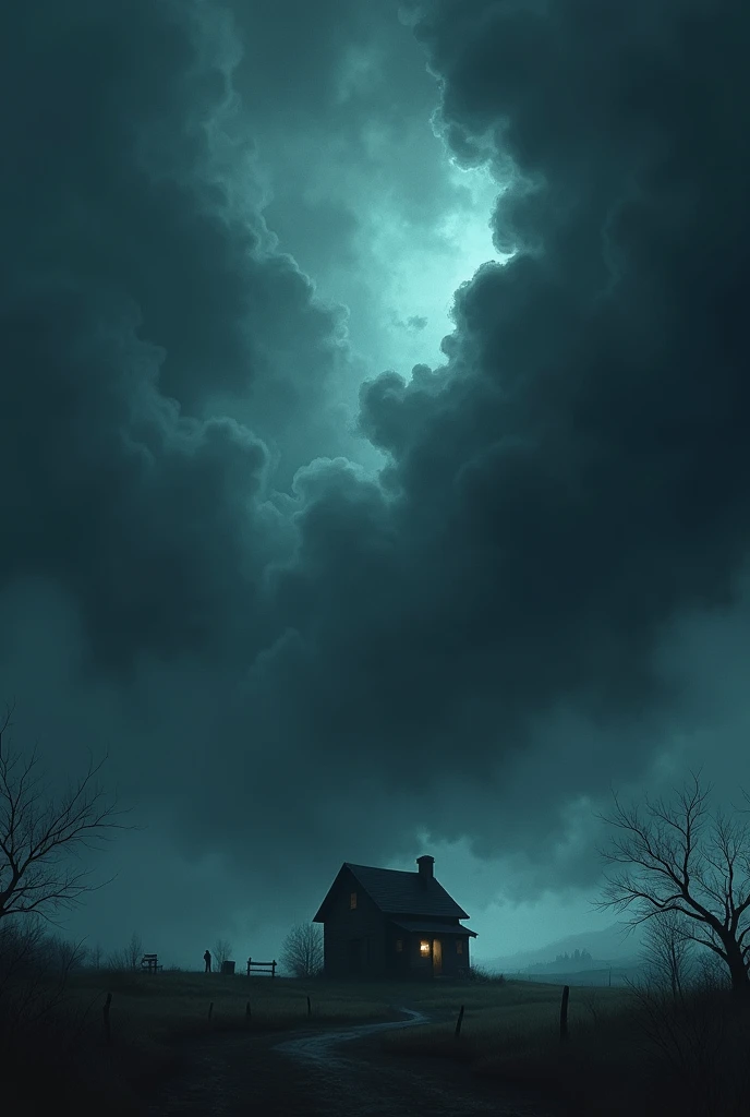 Close up of a dark and cloudy sky with strong wind above a house, nightmare 