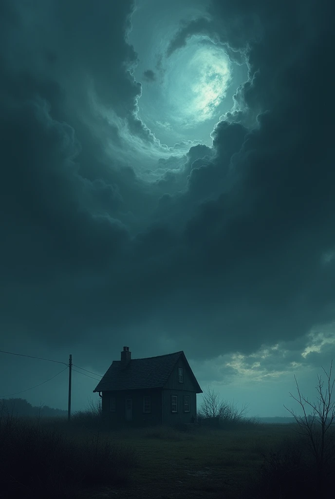 Close up of a dark and cloudy sky with strong wind above a house, nightmare