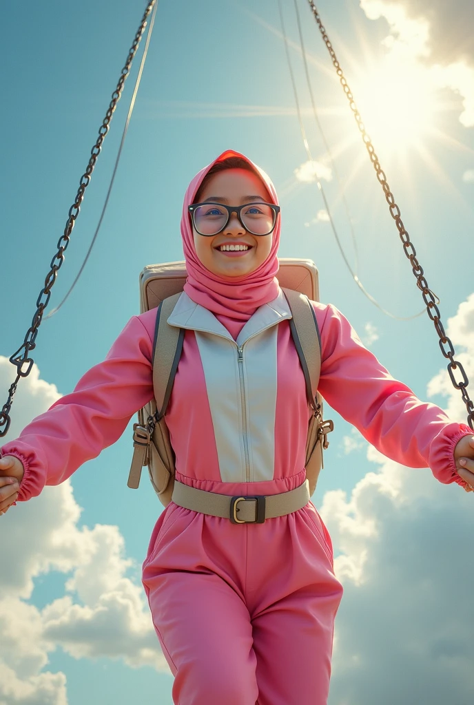 masterpiece .Real Malay girl wear hijab. jumpsuit pink white. Wear biege belt , have a power .(( Wear small google big spectacles rubberband on head)). Lighting the big metal. Flying in the sky. Two hand front. Average 15 year old. Smile girl. Very strong.