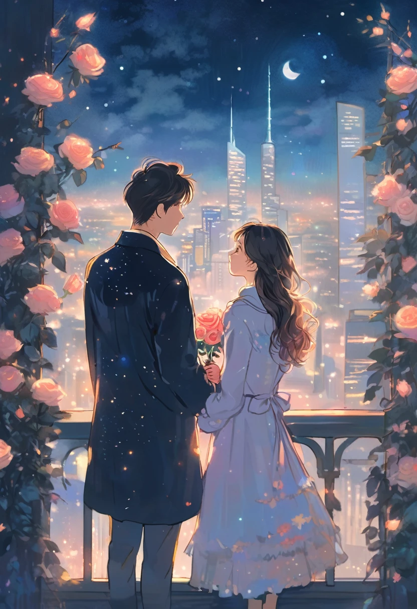 A couple facing each other while holding roses with a night view of the city. soft color, pastel color