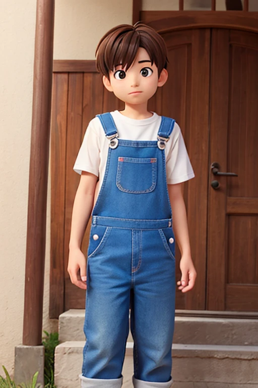 Generate a dark fantasy, yers old neville longbottom, Puffy cheeks, yong, cute, fatface, bobhaircut, shorthair, straighthair, overalls lightdenim, neville longbottom, fullbody, neville longbottom