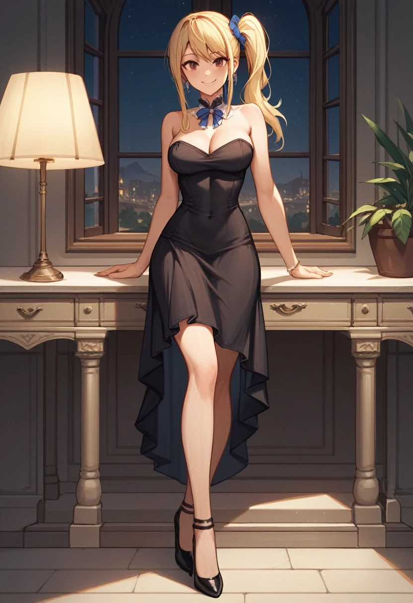 score_9, score_8_up, score_7_up, score_6_up, score_5_up, score_4_up, source_anime, 1girl,masterpiece, best quality, highres, lucy heartfilia, worth, full body, smile, blonde hair, brown eyes, long hair, side ponytail, middle breasts, earrings, black dress, skirt, black high heels, room, night, looking at the viewer, best quality, best res, 4K UHD,