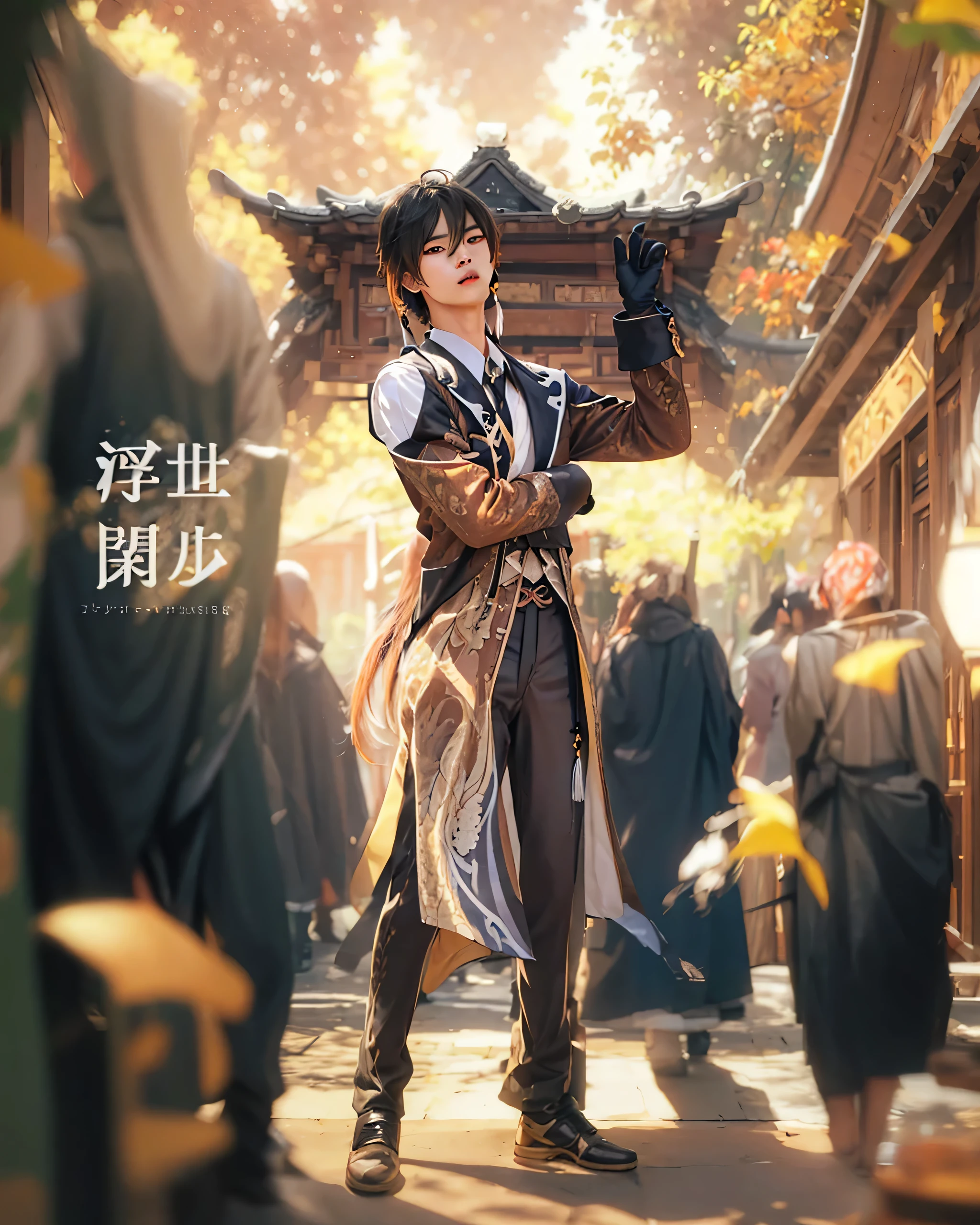 (ZHONGLI_GENSHIN IMPACT),((realistic, photorealistic)),(highlight hair)), Light reflection, (( HD )),((upper body)), (((best quality, masterpiece))), (masterpiece) (best quality) (detail) (8k) (HDR) (wallpaper) (cinematic lighting) (sharp focuasterpiece, best quality: 1.1), Real life adaption of this character, Asian teen beauty face, Shining Purple eyes, realistic outfit, realistic shadow, realistic light, realism, hyper realistic, realistic background,(photorealistic:1.2), masterpiece, best quality, 1boy, masterpiece, best quality, simple background, whole body, bangs, black_gloves, black_hair, brown_hair, gradient_hair, collared_shirt, earrings, eyebrows_visible_through_hair, formal, gloves, hair_between_eyes, holding, chinese_clothes, jacket, jewelry, long_hair, long_sleeves, male_focus, multicolored_hair, ponytail, single_earring, suit, tassel, tassel_earrings, whiskers, yellow_eyes, zhongli_\(genshin_impact\)best quality,masterpiece,absurbres,super-resolution,1boys,Zhongli \(genshin impact\),((long hair, black hair)),yellow eyes,calm,brown suit,white shirt,black pants,necktie,abs, 1boy, male focus,muscular, toned, pectorals, nipples, open mouth, solo, looking at viewer,gloves, solo, jewelry, male focus, earrings, tassel earrings, formal, ponytail, black gloves, tassel, long hair, single earring, looking at viewer, suit,Japanese temple background, middle of the road, foreground people walking 